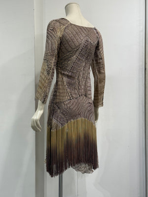 S/S2011 Roberto Cavalli silk crocodile print lace-up fringe dress