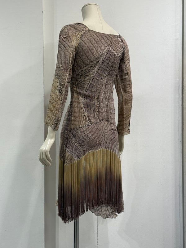 S/S2011 Roberto Cavalli silk crocodile print lace-up fringe dress