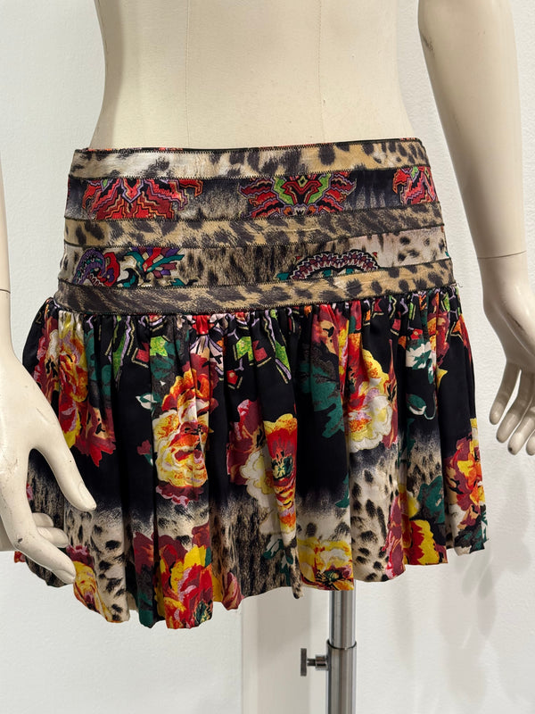 2000s Cavalli floral and leopard print mini skirt