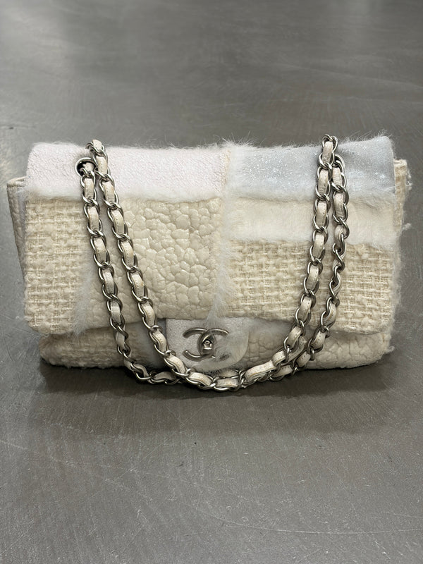 2010 Chanel shearling tweed patchwork big flap bag