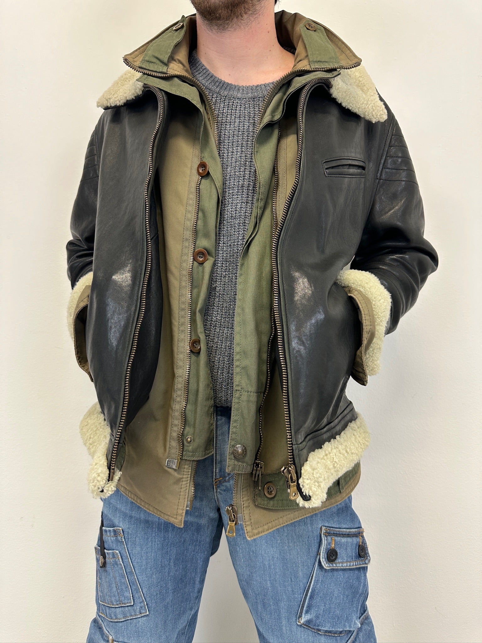 AW2005 Dolce & Gabbana hybrid military shearling jacket