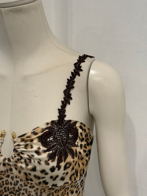 2000s Roberto Cavalli leopard print lace-trim dress