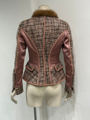 2004 Roberto Cavalli tweed leather fur trim jacket