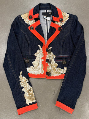 2000s Cavalli floral tapestry printed cropped denim jacket