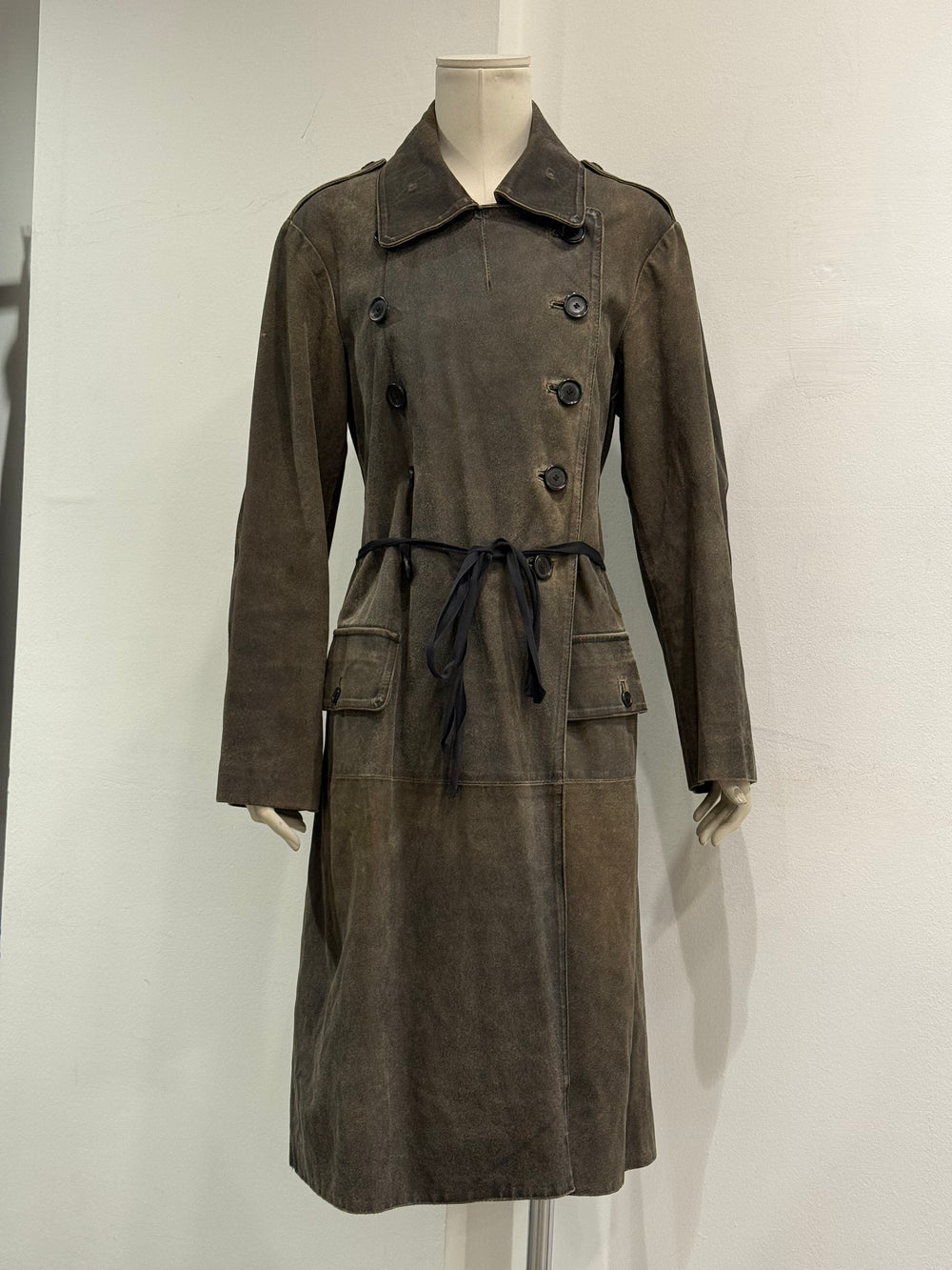 2002 Ann Demeulemeester distressed leather double-breasted belted coat