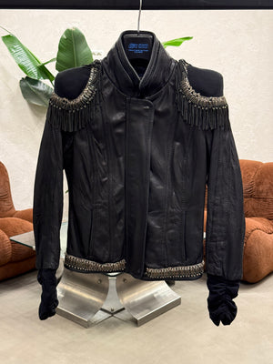 2000s Roberto Cavalli safety pin military leather jacket