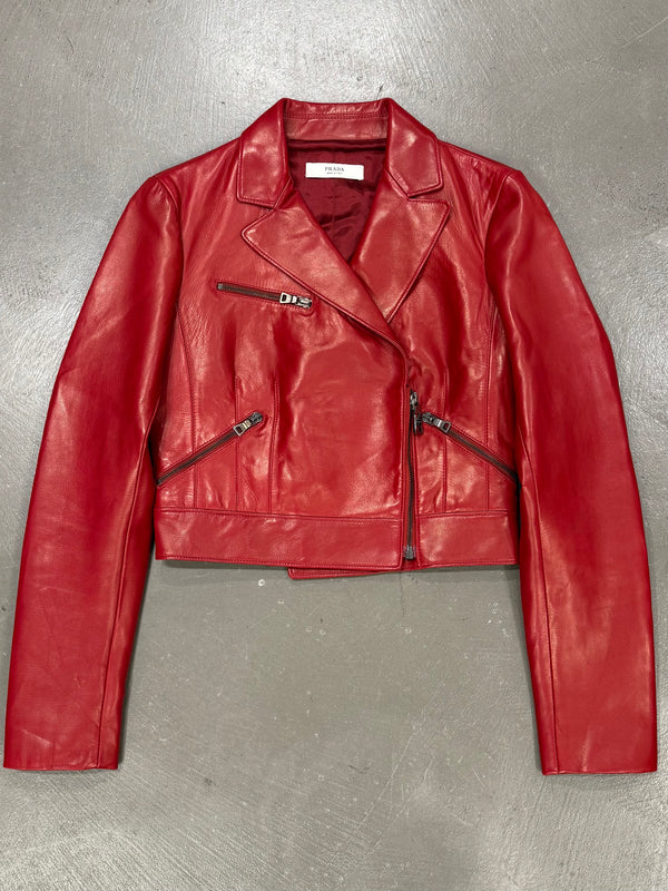2000s Prada red biker leather jacket