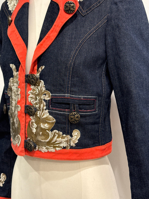 2000s Cavalli floral tapestry printed cropped denim jacket