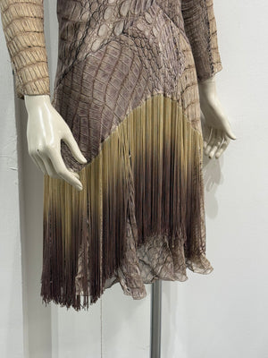 S/S2011 Roberto Cavalli silk crocodile print lace-up fringe dress