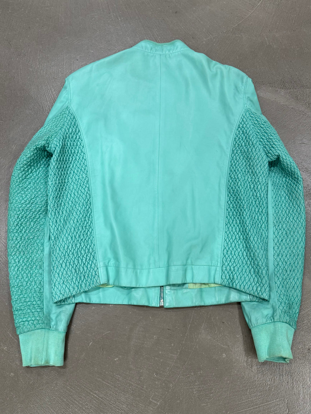 1990s Gianni Versace turqoise woven-sleeve leather bomber jacket