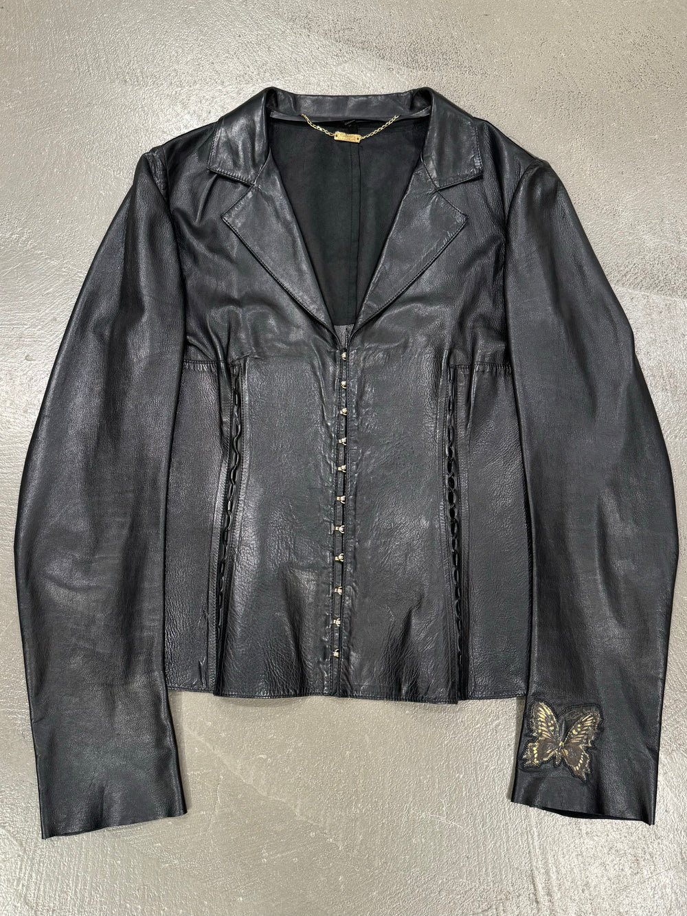 Roberto Cavalli gold butterfly embroidery leather jacket