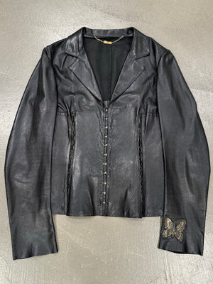 Roberto Cavalli gold butterfly embroidery leather jacket