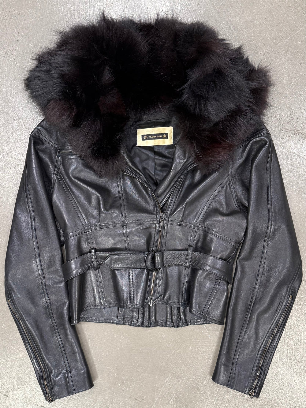 2000s Plein Sud fox fur hooded zipper leather jacket