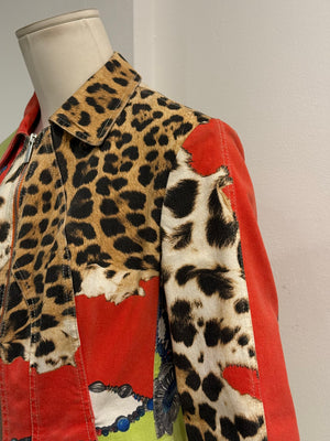 2000s Roberto Cavalli leopard printed patchwork denim jacket