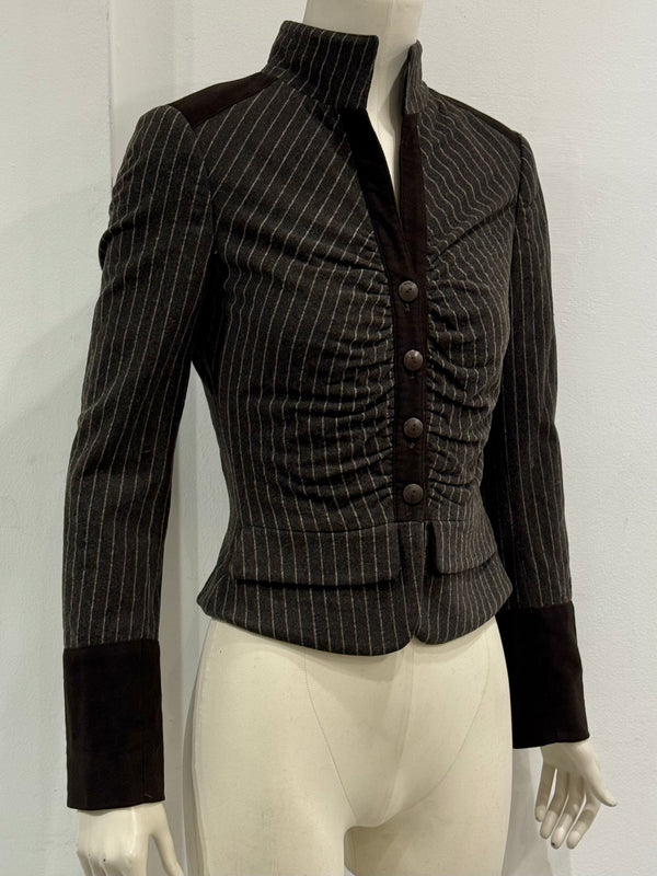 2000s Roberto Cavalli structured ruched velvet trim stiped jacket