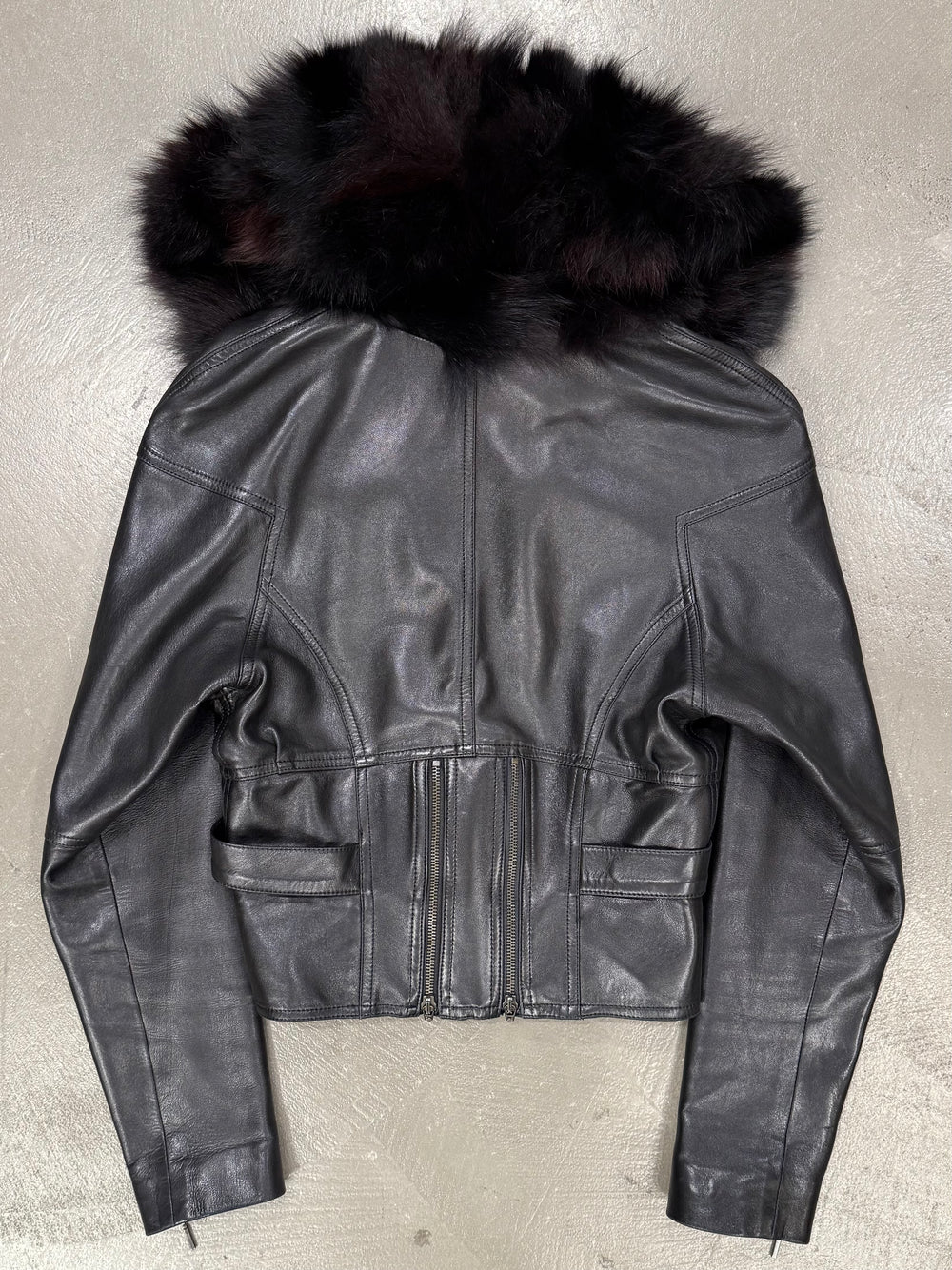 2000s Plein Sud fox fur hooded zipper leather jacket