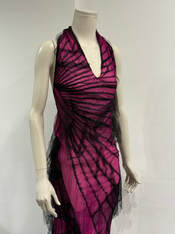 S/S2001 Roberto Cavalli runway distressed silk halter evening dress