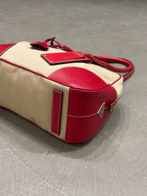 2000s Prada jacquard bowler bag with red leather trim