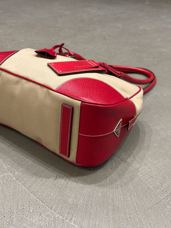 2000s Prada jacquard bowler bag with red leather trim