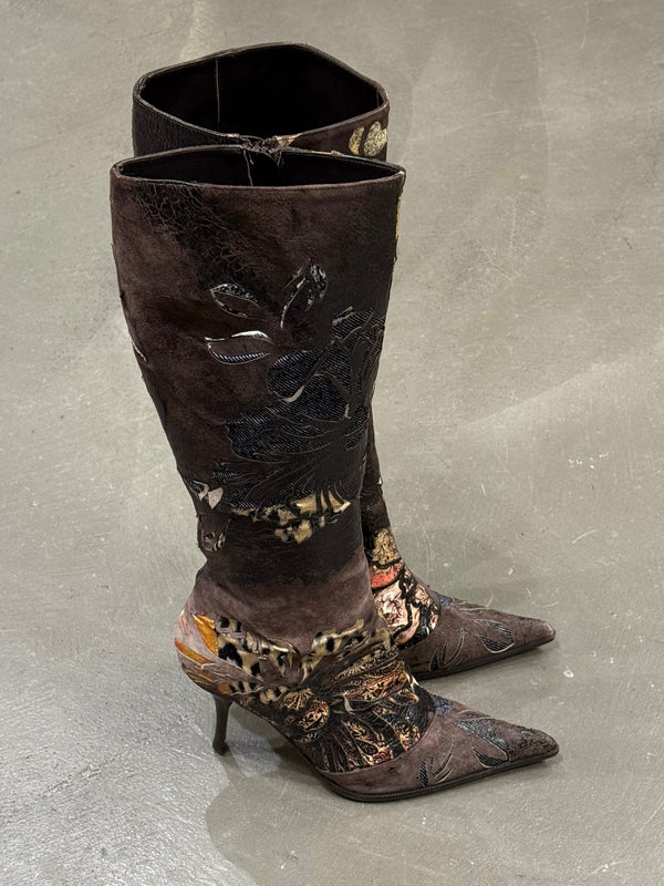2003 Roberto Cavalli embossed leather appliqué knee-high boots