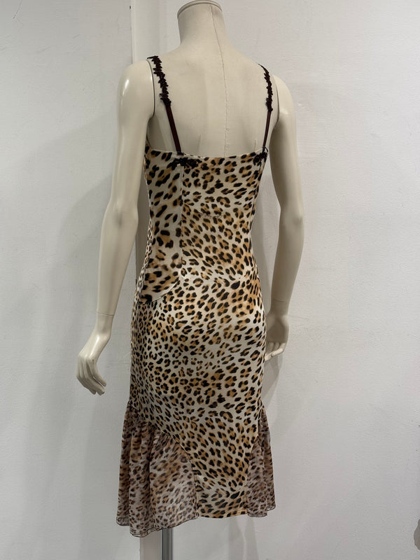 2000s Roberto Cavalli leopard print lace-trim dress