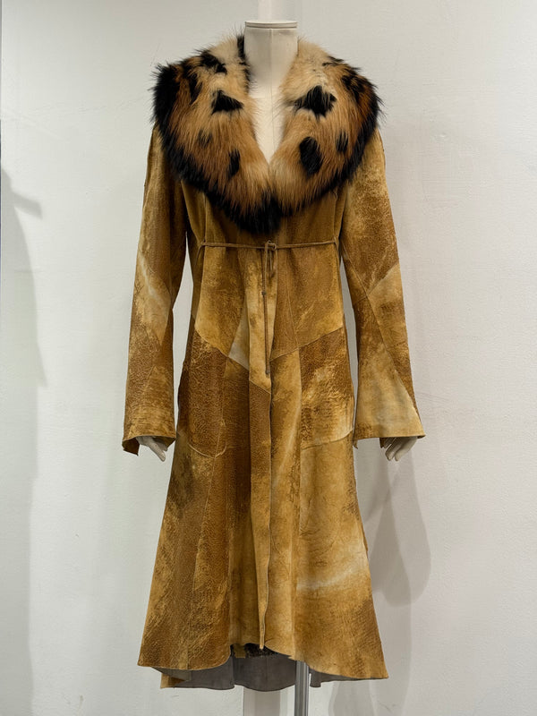 A/W2002 Roberto Cavalli fox fur distressed leather long coat