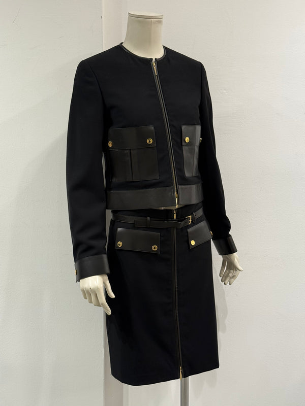 F/W2000 Gucci by Tom Ford leather-trim runway set jacket and skirt set