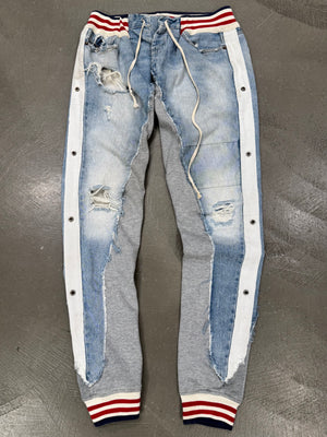 2010s Greg Lauren reconstructed hybrid 50/50 borg denim sweatpants