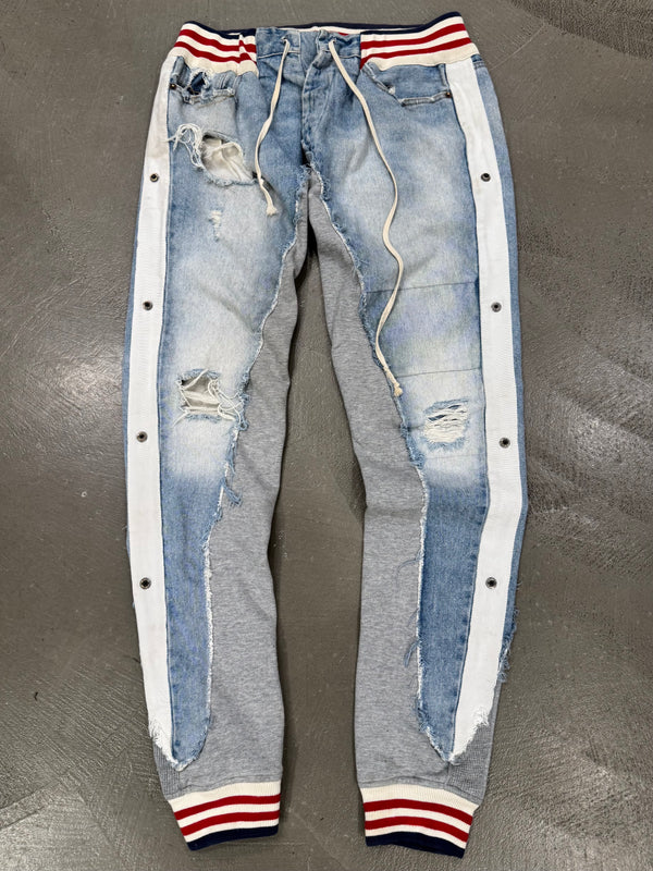 2010s Greg Lauren reconstructed hybrid 50/50 borg denim sweatpants