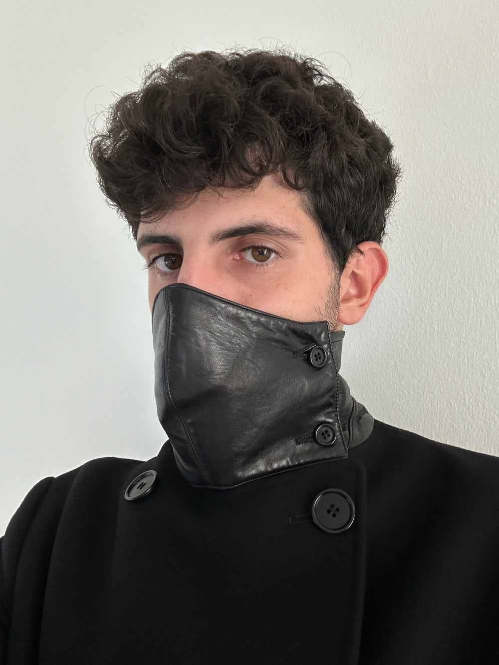 AW2001 Helmut Lang double breasted leather mask coat