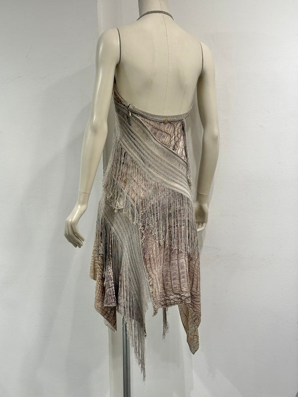 S/S2011 Roberto Cavalli crocodile print fringe halter mini dress