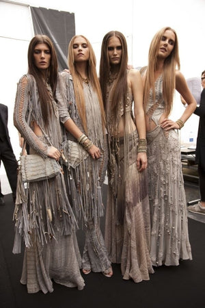 S/S2011 Roberto Cavalli crocodile print fringe halter mini dress