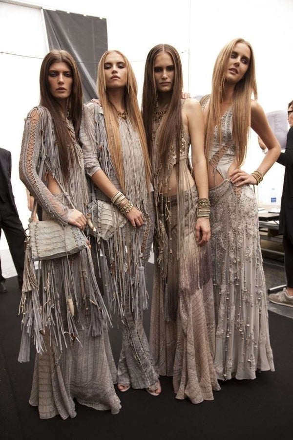 S/S2011 Roberto Cavalli crocodile print fringe halter mini dress