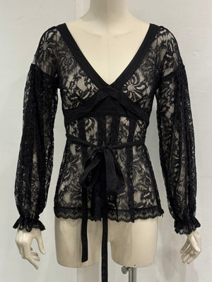 2000s Dolce & Gabbana lace tie-waist floral lace blouse