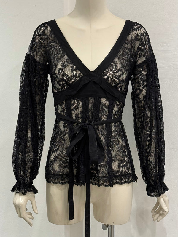 2000s Dolce & Gabbana lace tie-waist floral lace blouse