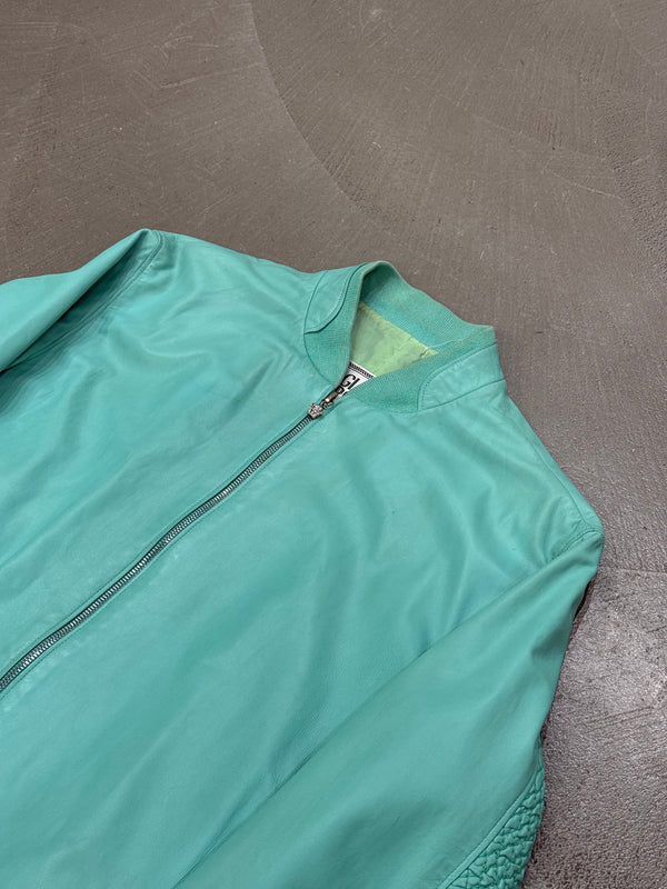 1990s Gianni Versace turqoise woven-sleeve leather bomber jacket