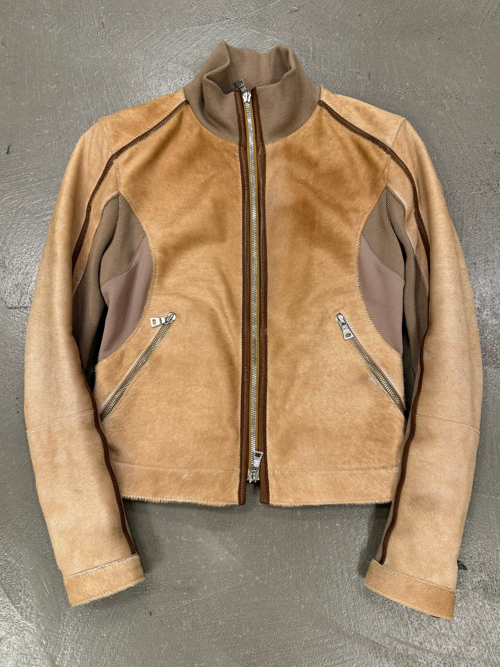 2000s Prada pony hair hybrid leather biker jacket
