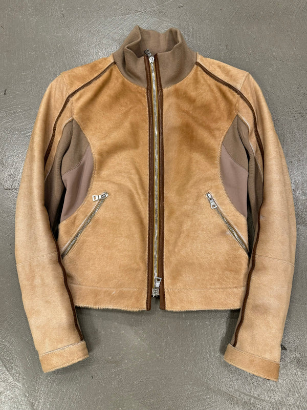 2000s Prada pony hair hybrid leather biker jacket