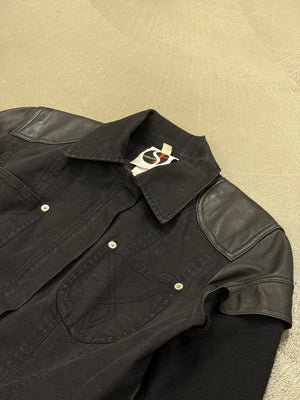 2000s Plein Sud hybrid biker denim jacket with leather shoulders