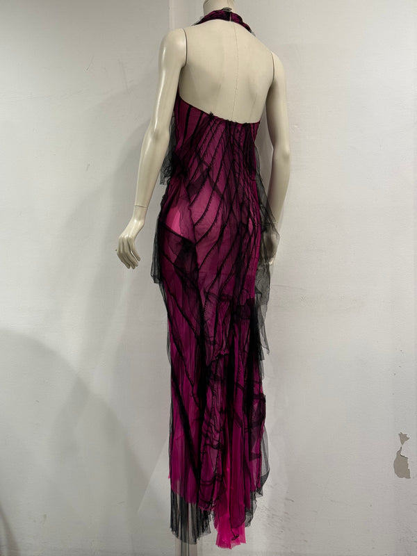 S/S2001 Roberto Cavalli runway distressed silk halter evening dress