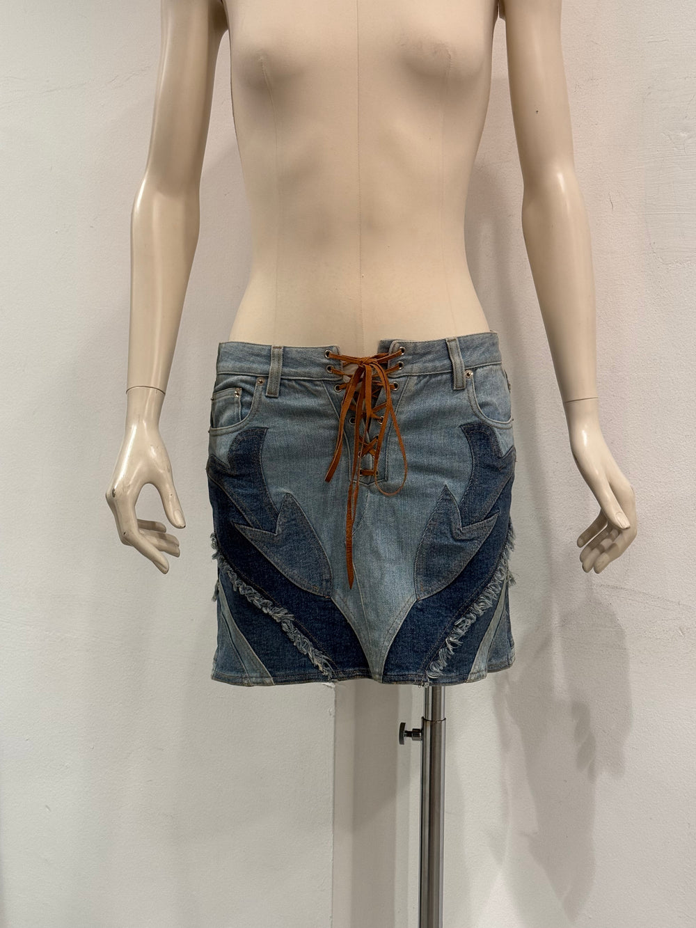 2000s Roberto Cavalli Patchwork denim lace up mini skirt