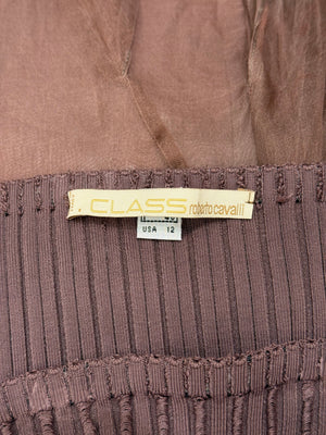 2000s Roberto Cavalli brown silk pleated waistband fluid long skirt