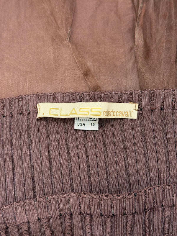 2000s Roberto Cavalli brown silk pleated waistband fluid long skirt