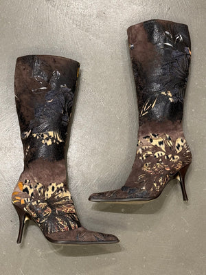 2003 Roberto Cavalli embossed leather appliqué knee-high boots