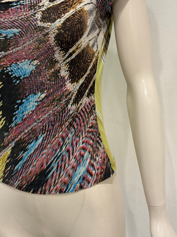 2004 Roberto Cavalli feather abstract print stretch top