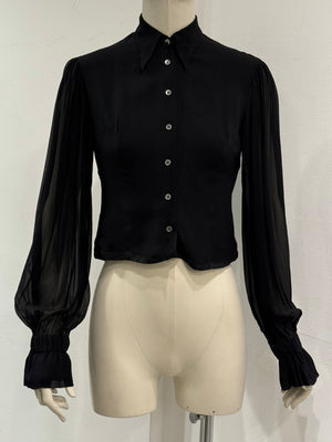 1990s Dolce & Gabbana black silk blouse with sheer sleeve