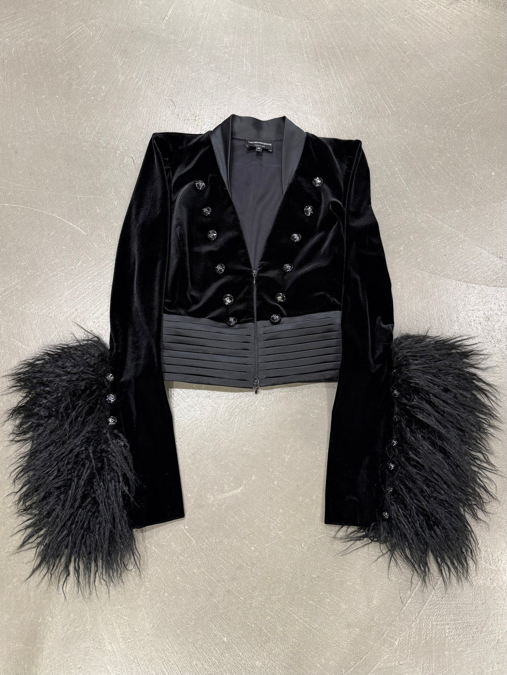 2022 Emporio Armani velvet napoleon jacket with feather trim