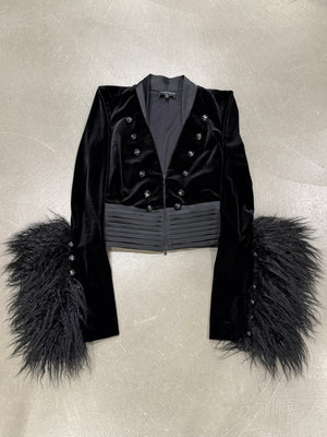 2022 Emporio Armani velvet napoleon jacket with feather trim