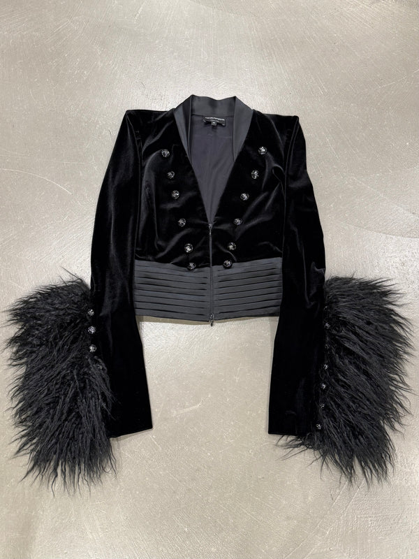 2022 Emporio Armani velvet napoleon jacket with feather trim