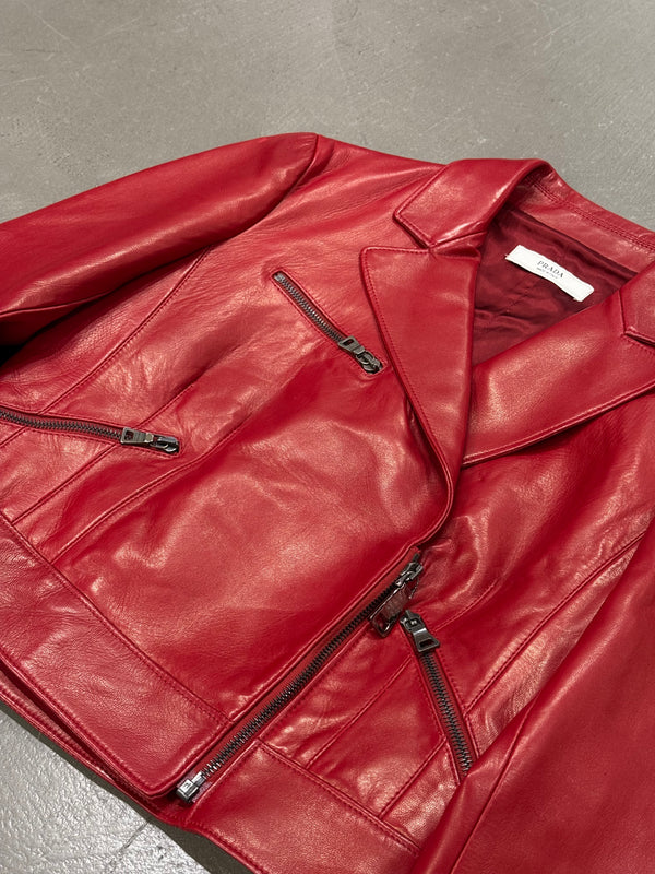 2000s Prada red biker leather jacket